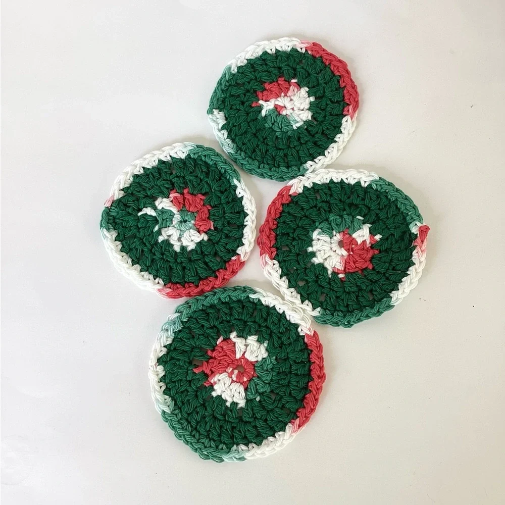 Coaster Set Hand Crafted Red White Green Christmas Holidays Crochet